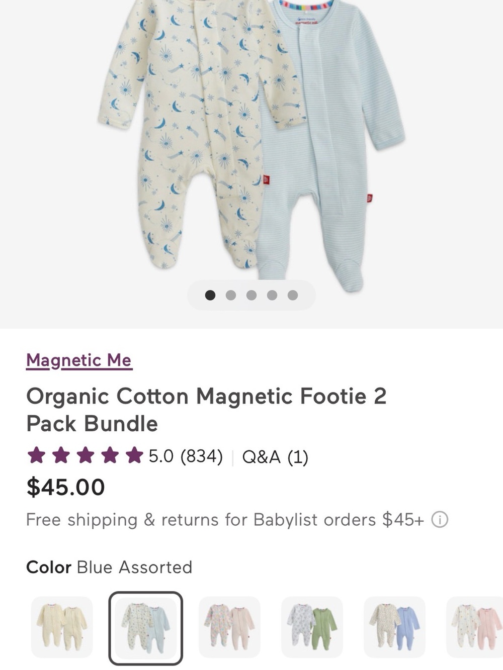 Magnetic Me Blue and Cream Moon Print Magnetic Footie 2-Pack